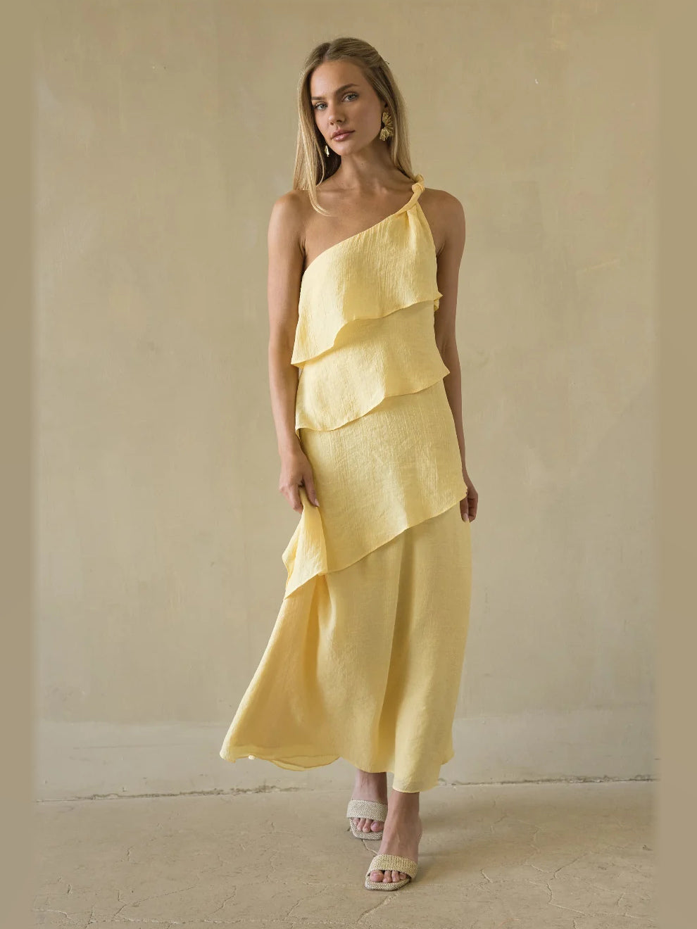 Sage formal dress with tiered detailing