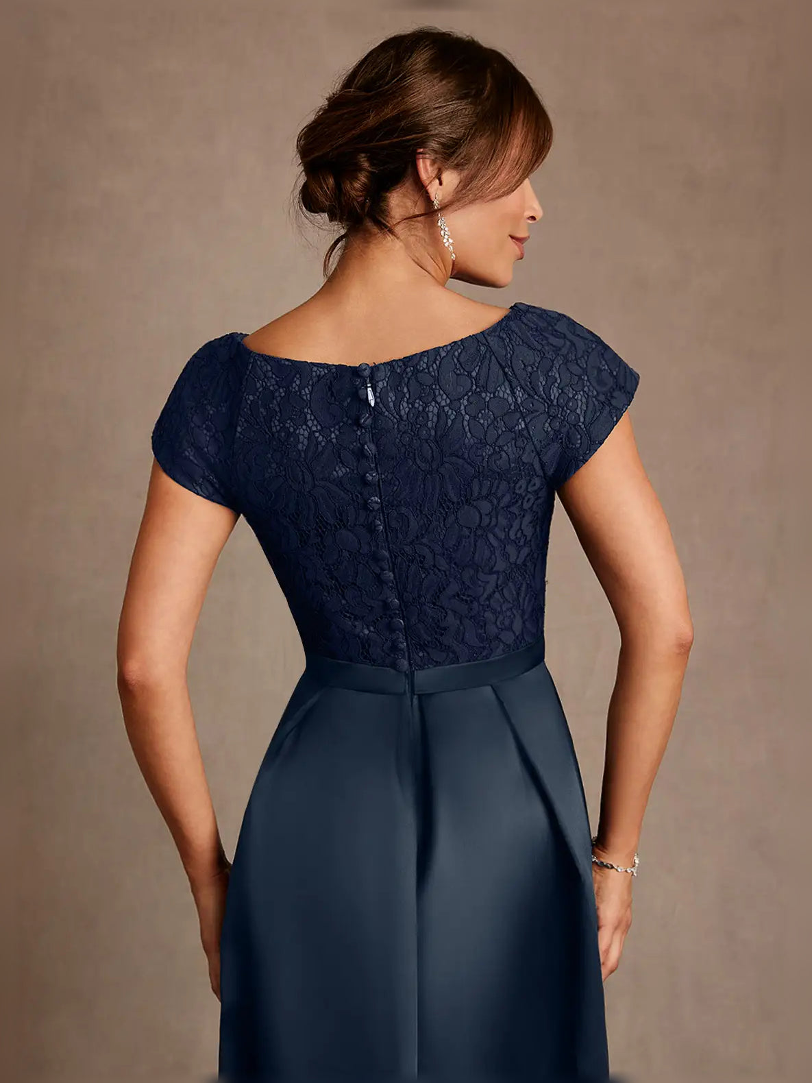 Navy lace boat-neck A-line satin mother-of-the-bride dress, back view