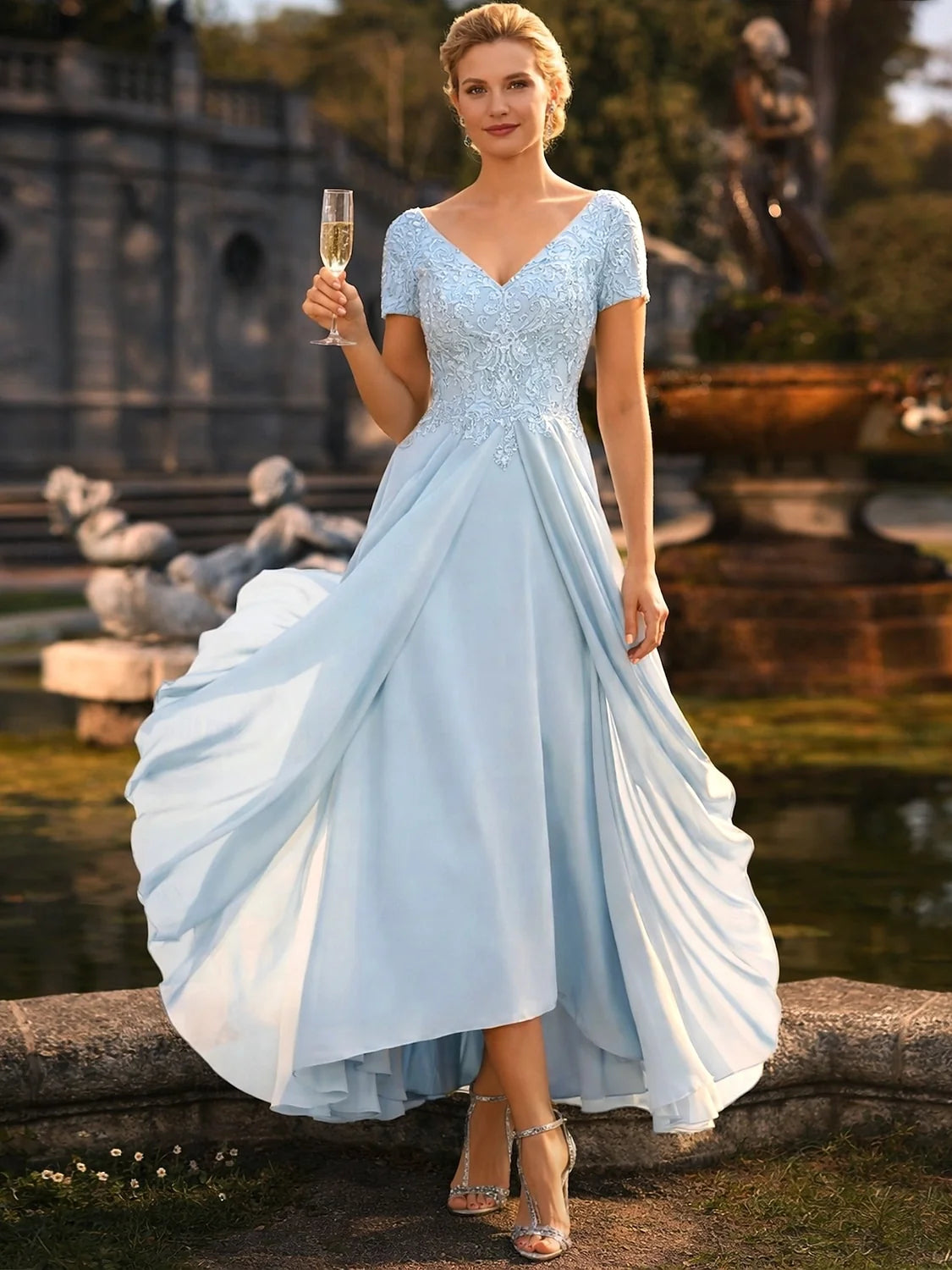 Light blue V-neck A-line dress with beaded floral bodice and layered chiffon skirt