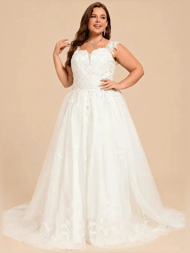 Ivory floral lace tulle mini wedding dress with V-neck bodice and flowing A-line skirt