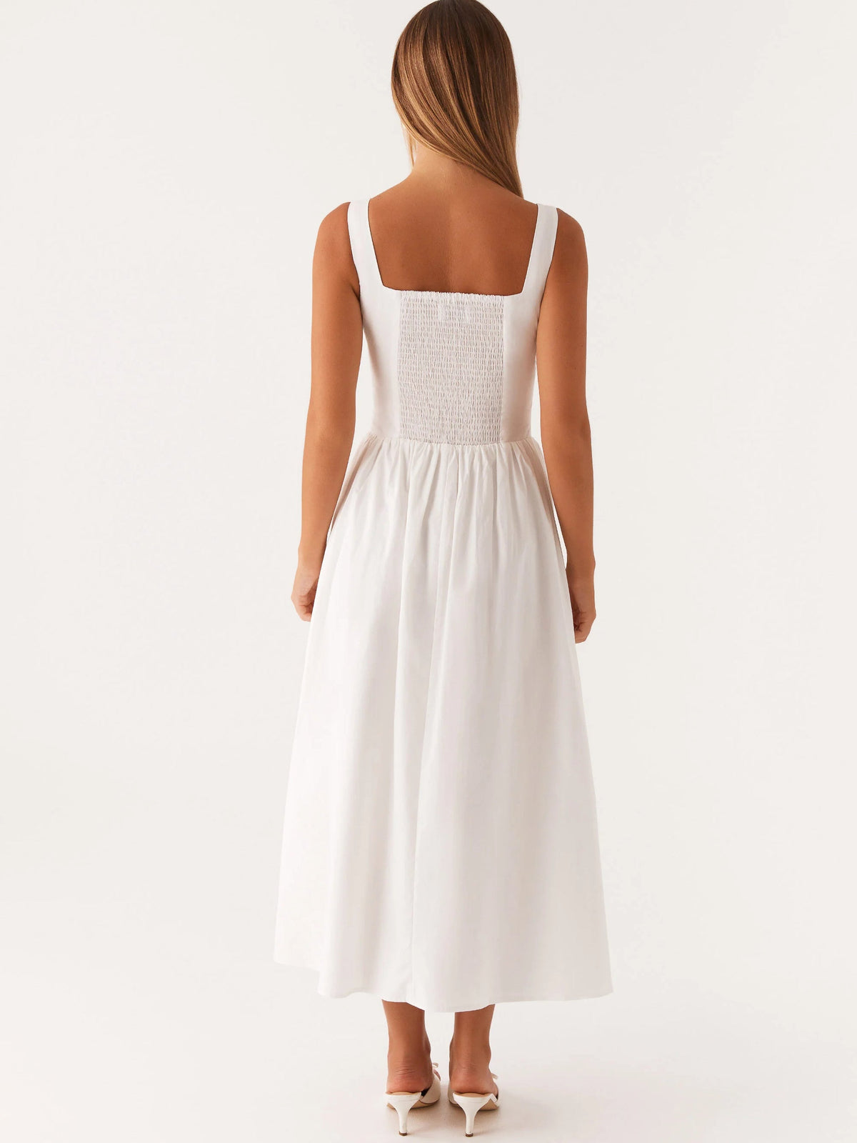 White midi formal dress, sleeveless back with square yoke, gathered flared skirt