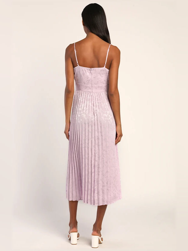 Lavender pleated satin midi dress with thin crisscross back straps