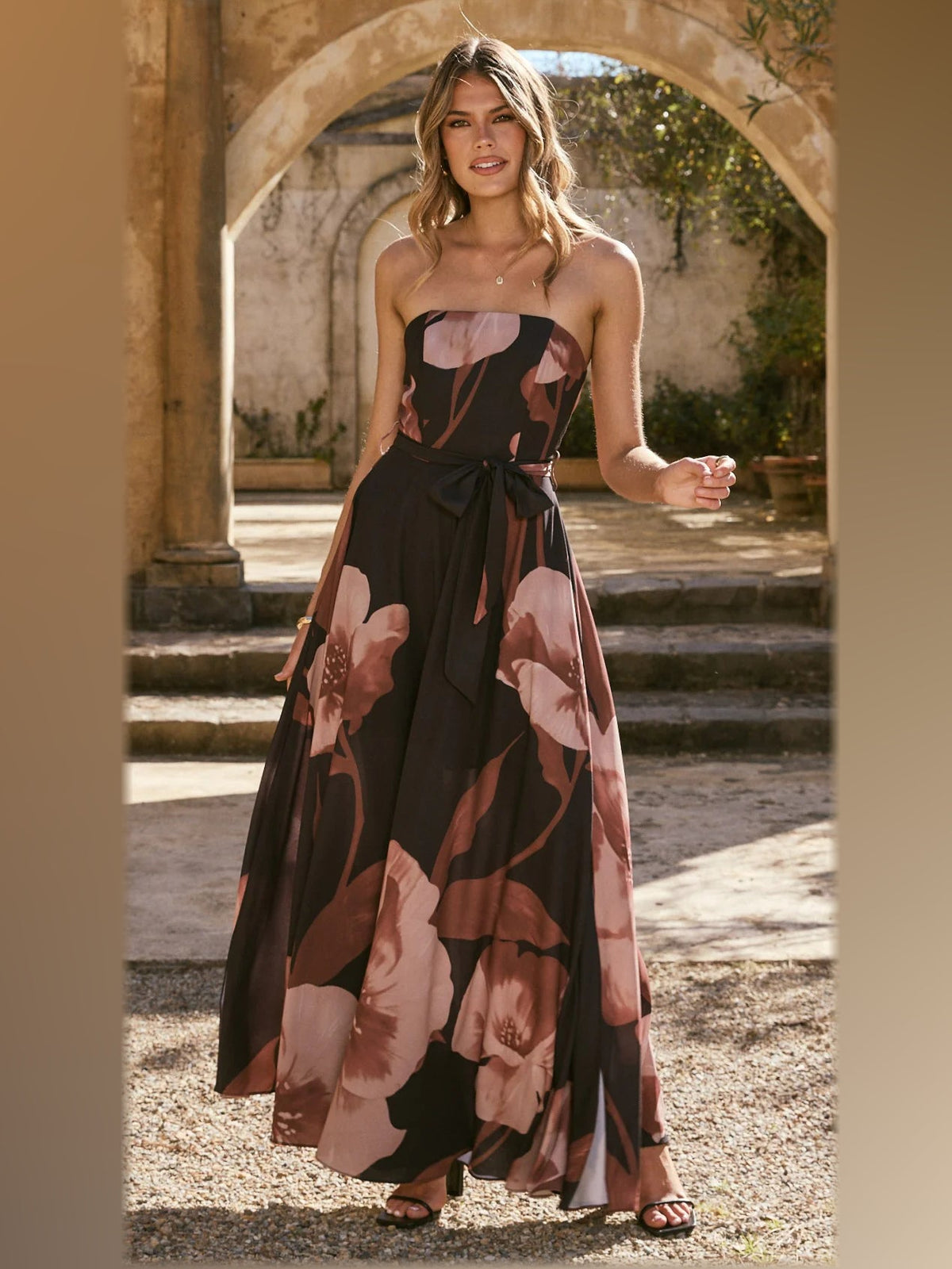 Black Wine Floral maxi formal dress, alternate full-length view showing the skirt