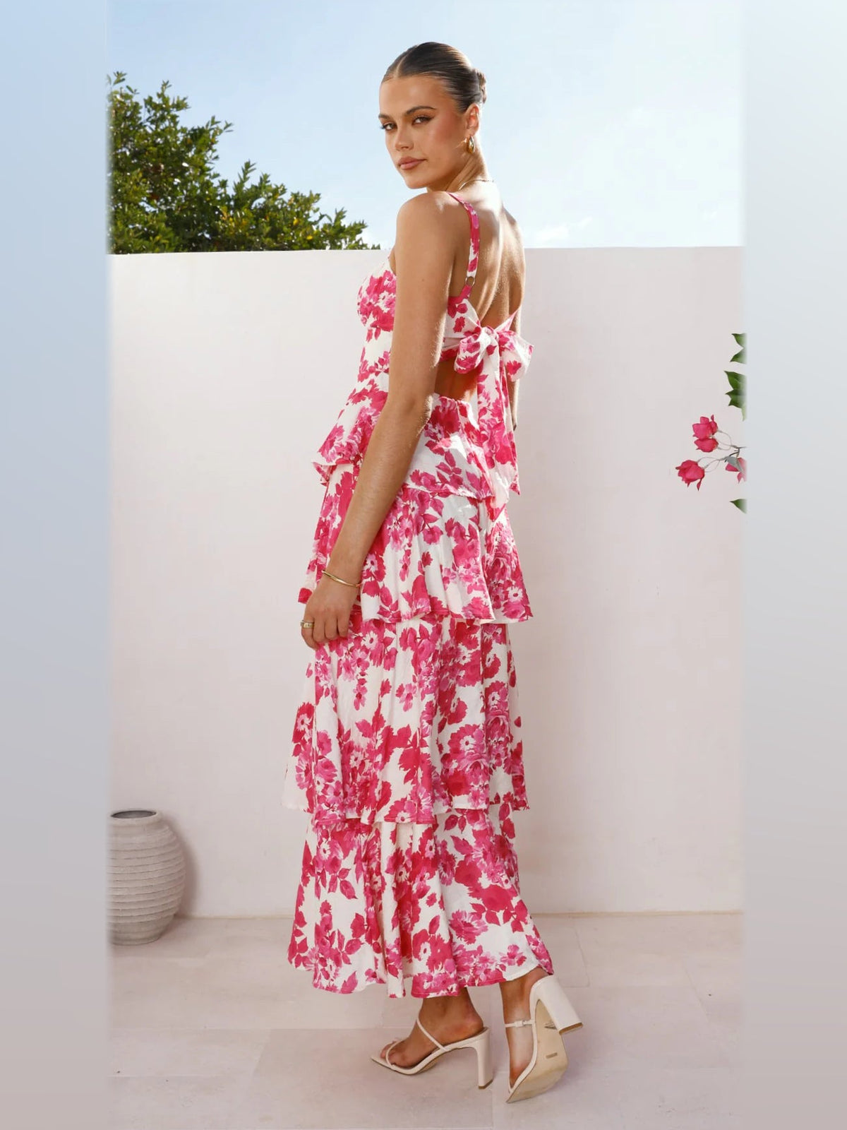 Pink White Floral maxi formal dress, alternate full-length view showing the skirt