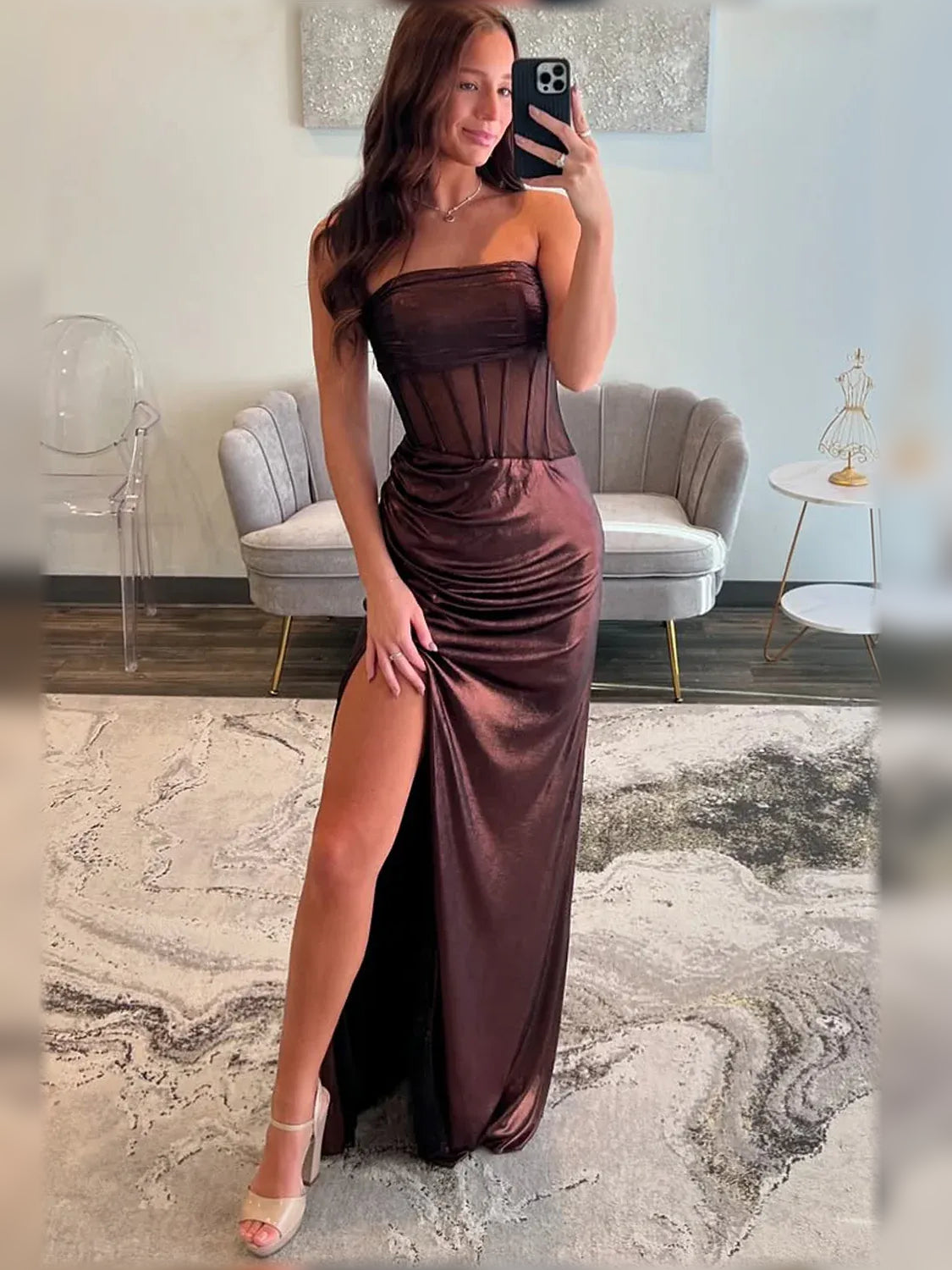 Espresso strapless satin formal maxi dress with corset fit, ruching, side slit