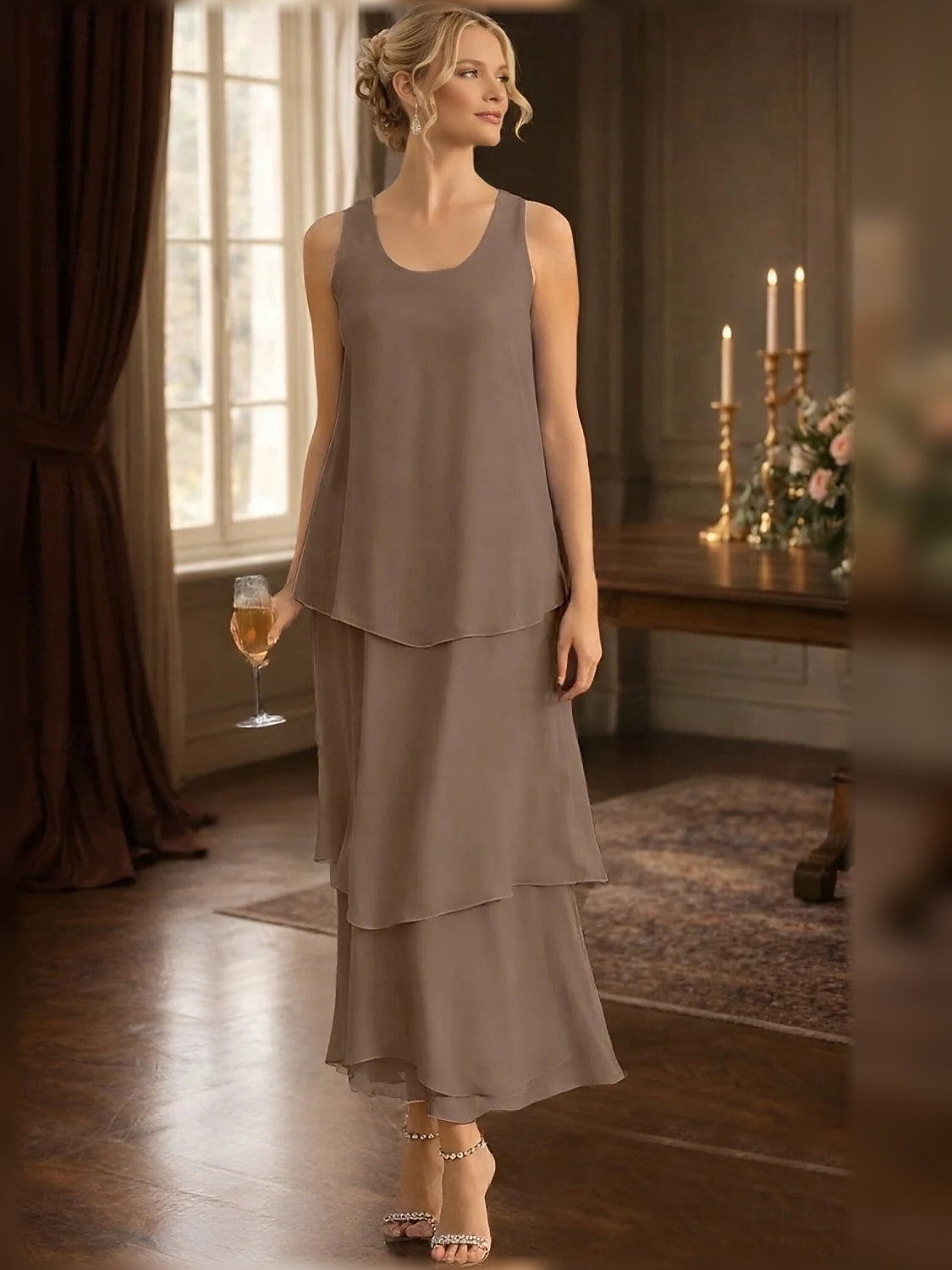 Taupe tiered chiffon maxi dress, scoop neck, sleeveless A-line