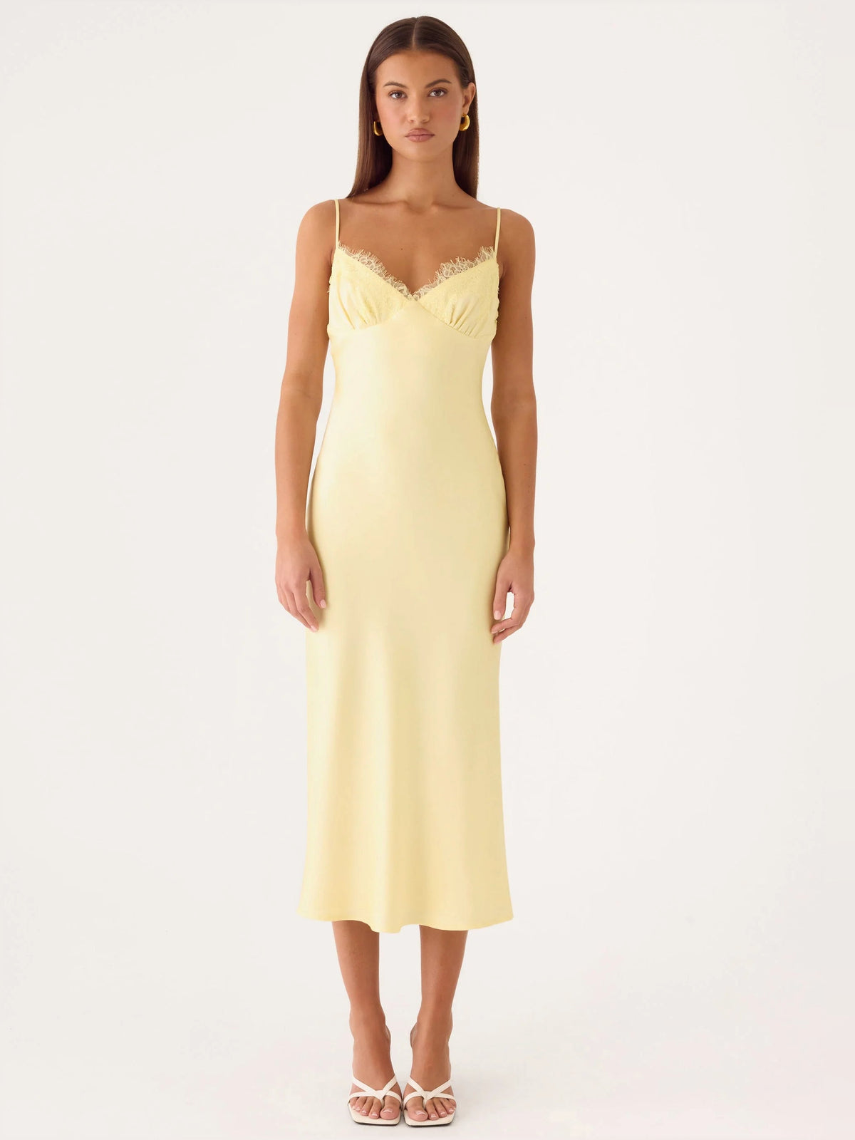 Yellow midi formal dress with lace shoulder detail and sweetheart neckline