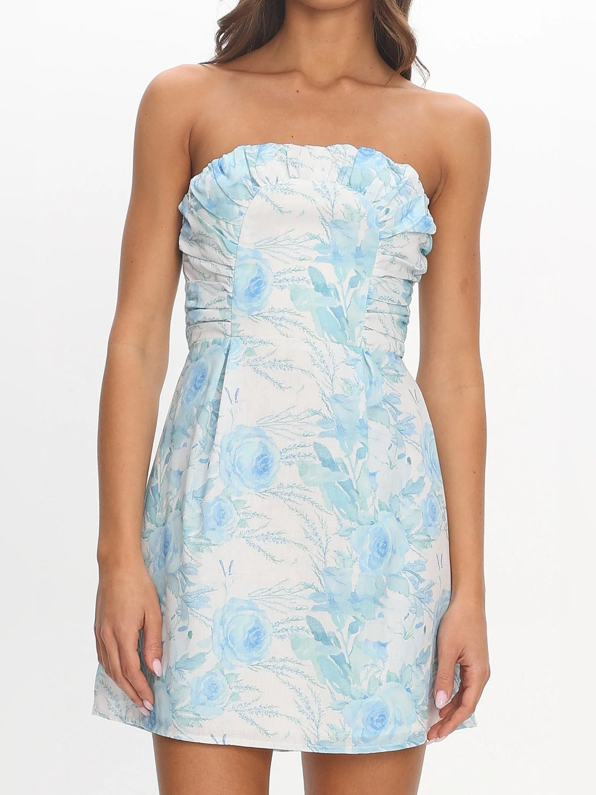 Light blue floral strapless mini dress with gathered sweetheart ruffle detail