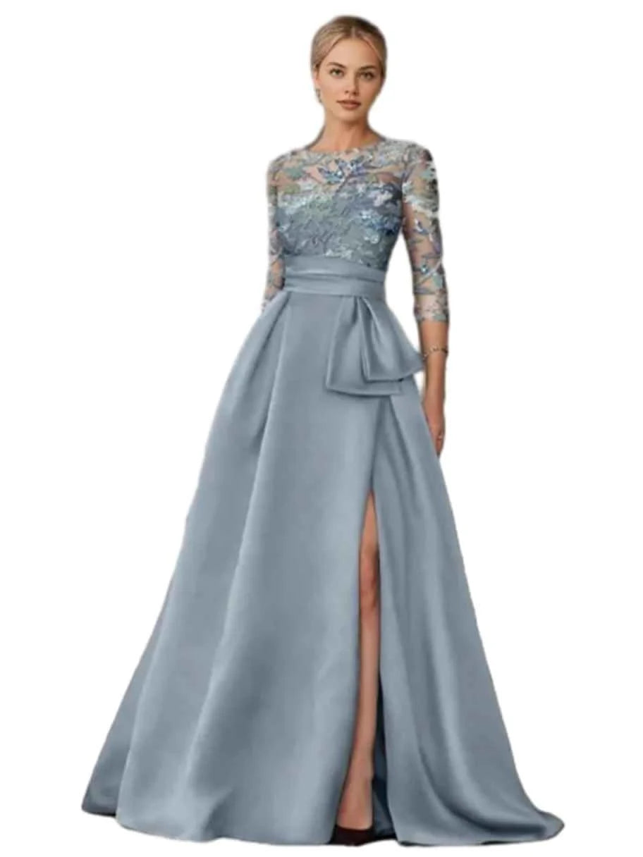 Dusty blue A-line formal dress with floral sequin bodice, waist bow, and front slit