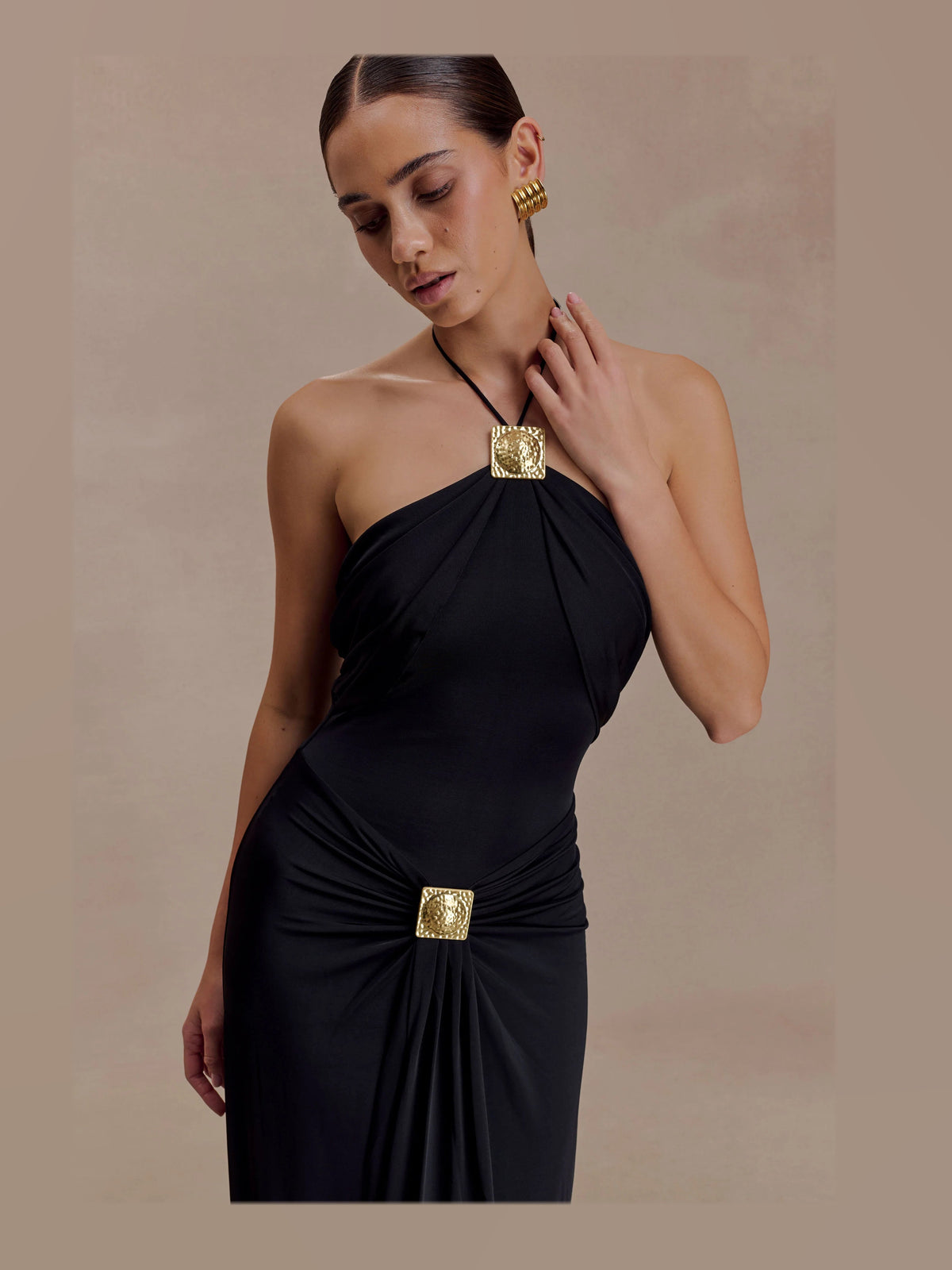 Black formal dress with a-line detailing