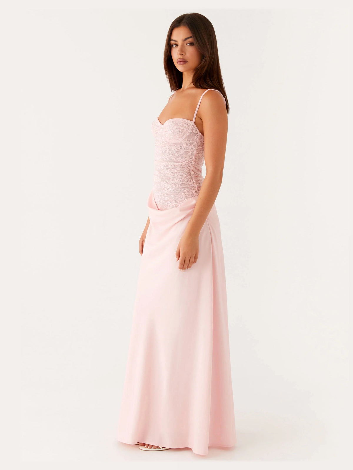 Pink maxi formal dress, alternate full-length view showing the skirt
