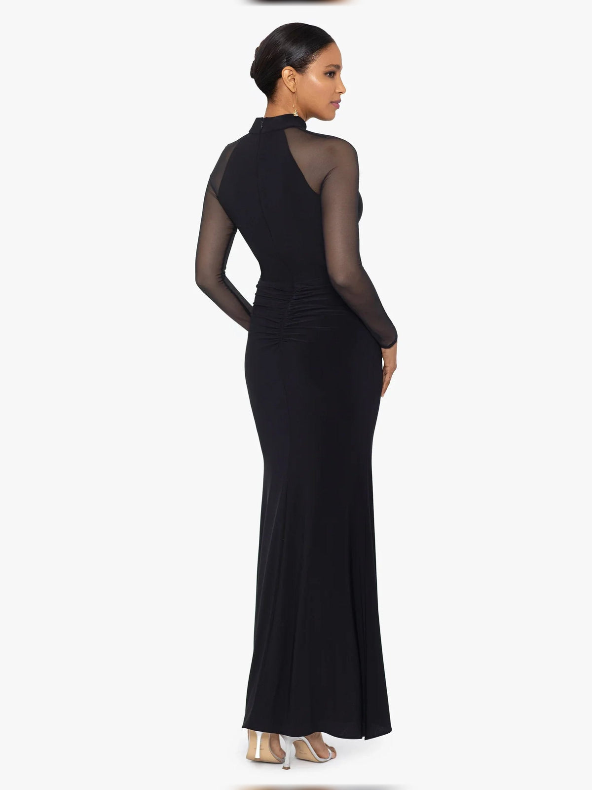 Black back view maxi dress with sheer mesh yoke and ruched waist