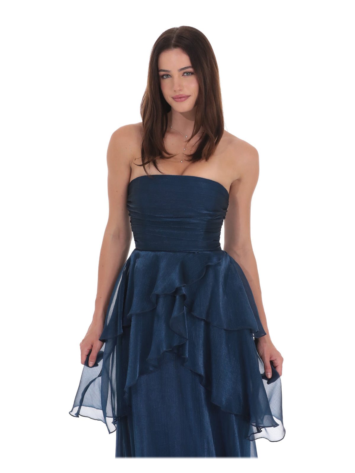 Navy bridesmaid dress with corset detailing