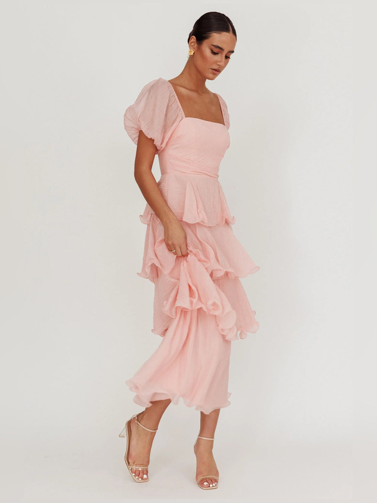 Baby Pink a-line midi formal dress with ruffle details, alternate full-length view