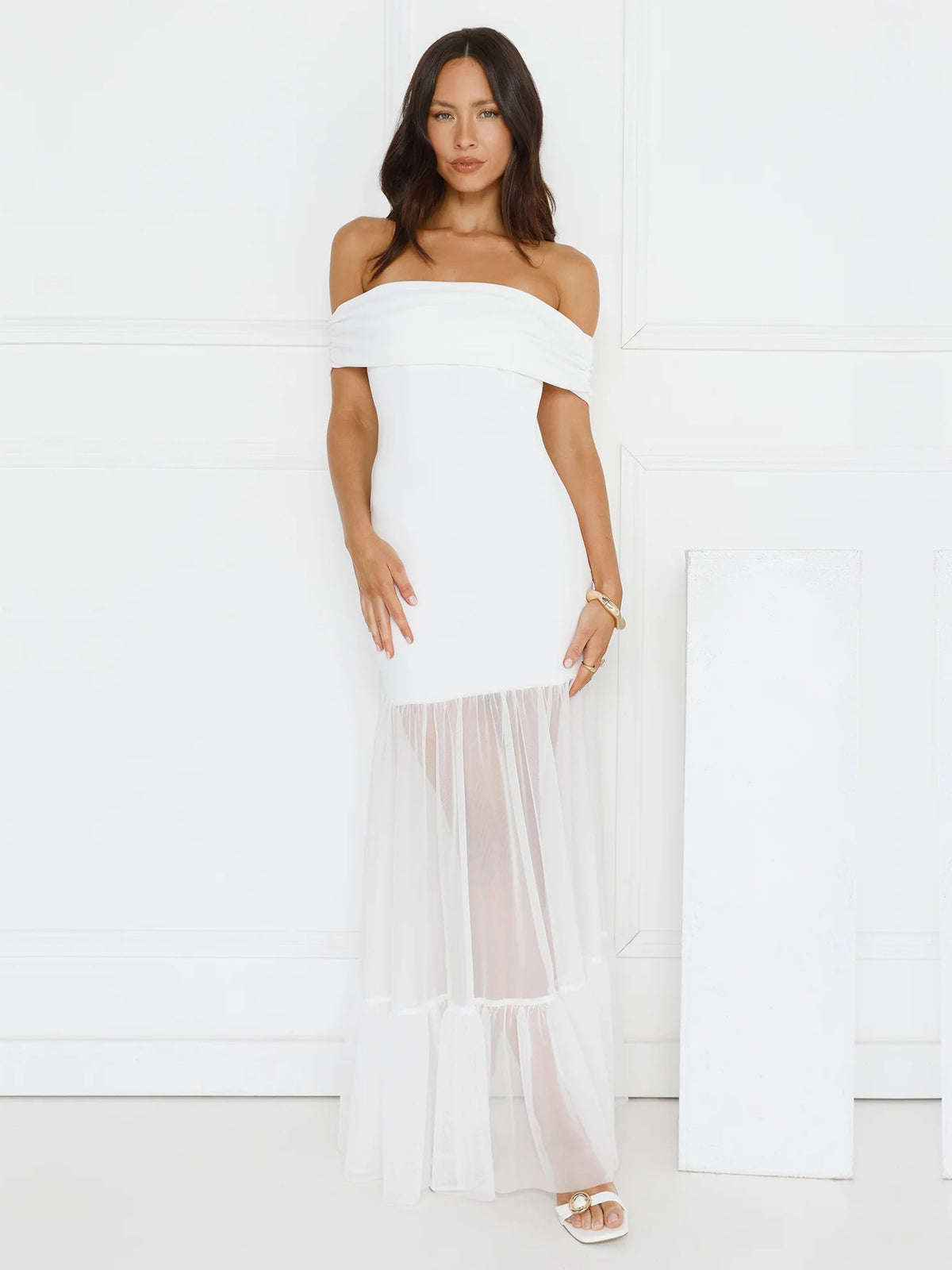 White sheath maxi formal dress with off-the-shoulder neckline, alternate view showing the waist