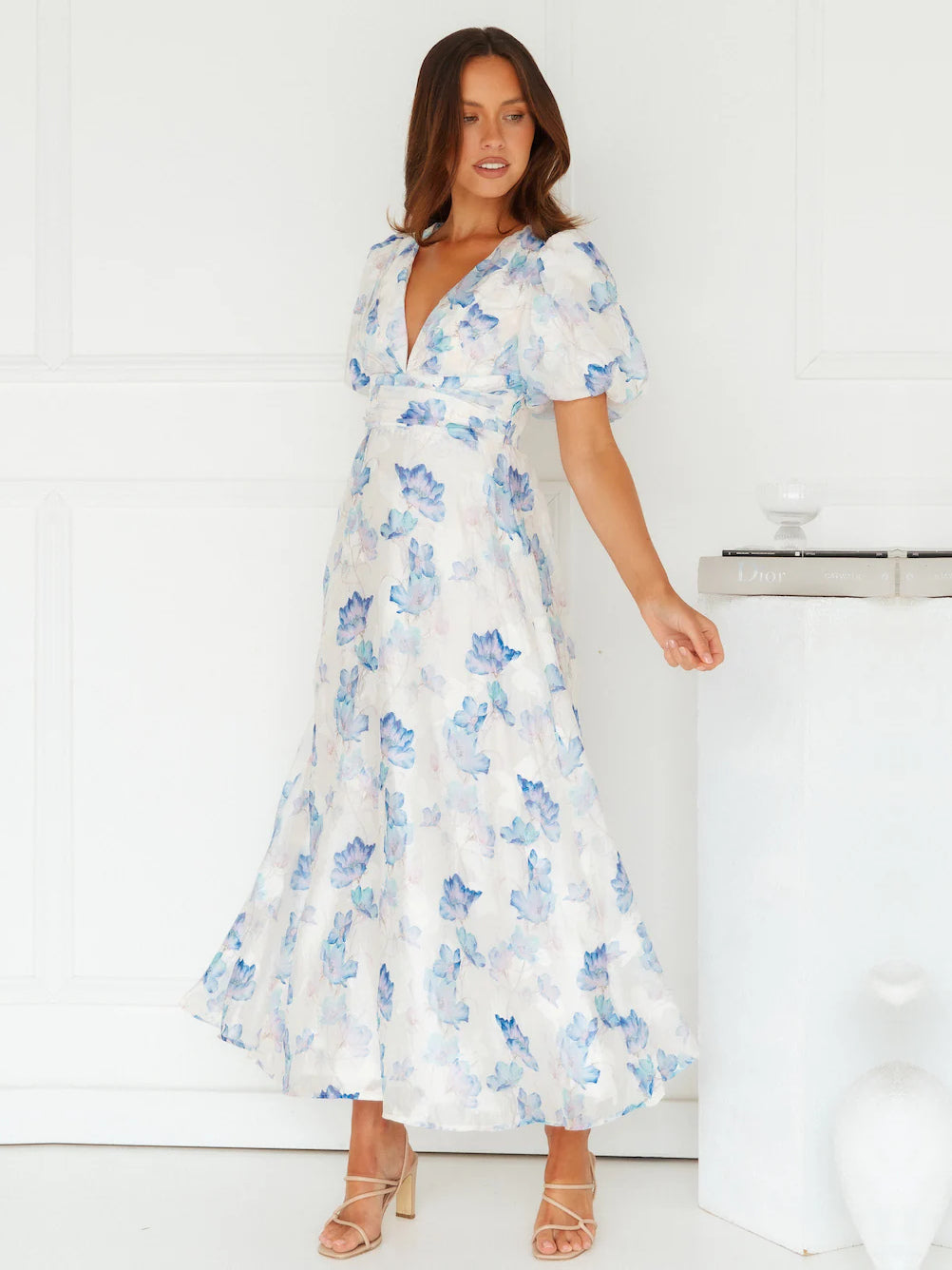 Blue a-line maxi formal dress with floral print, alternate view showing the waist