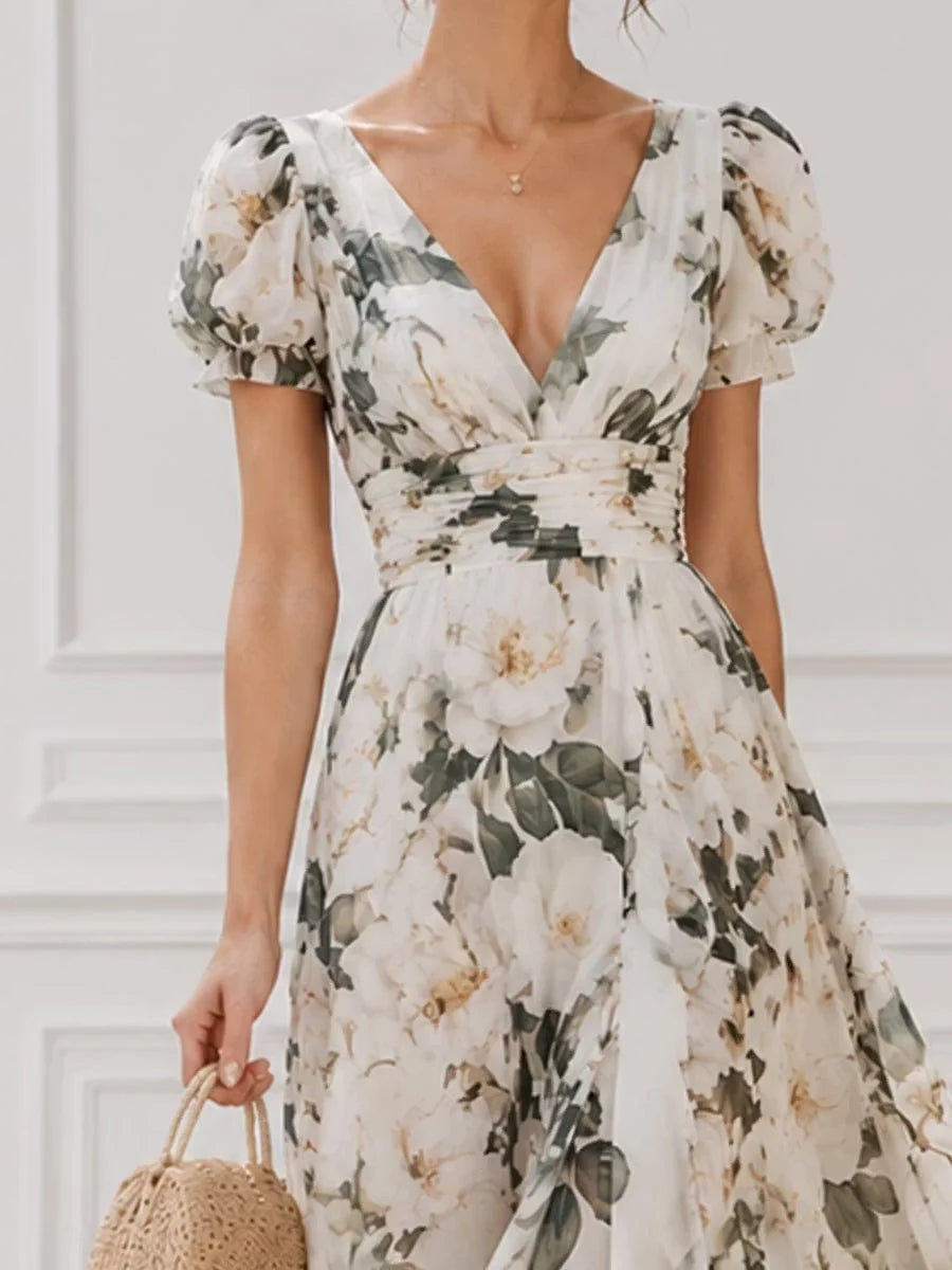 Ivory floral chiffon V-neck midi dress with ruched waist, puff sleeves, and front gathering