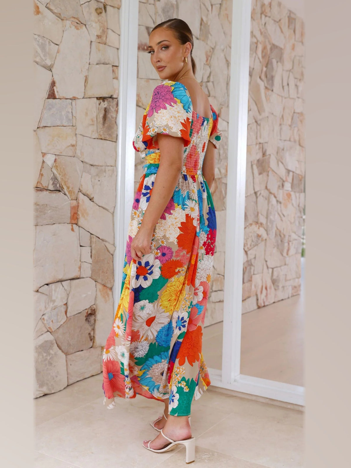 Orange Blue Pink Floral midi formal dress, alternate full-length view showing the skirt