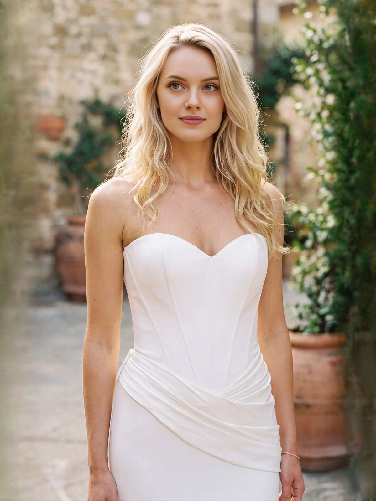 Ivory satin strapless sweetheart bodice with draped wrap detail at waist