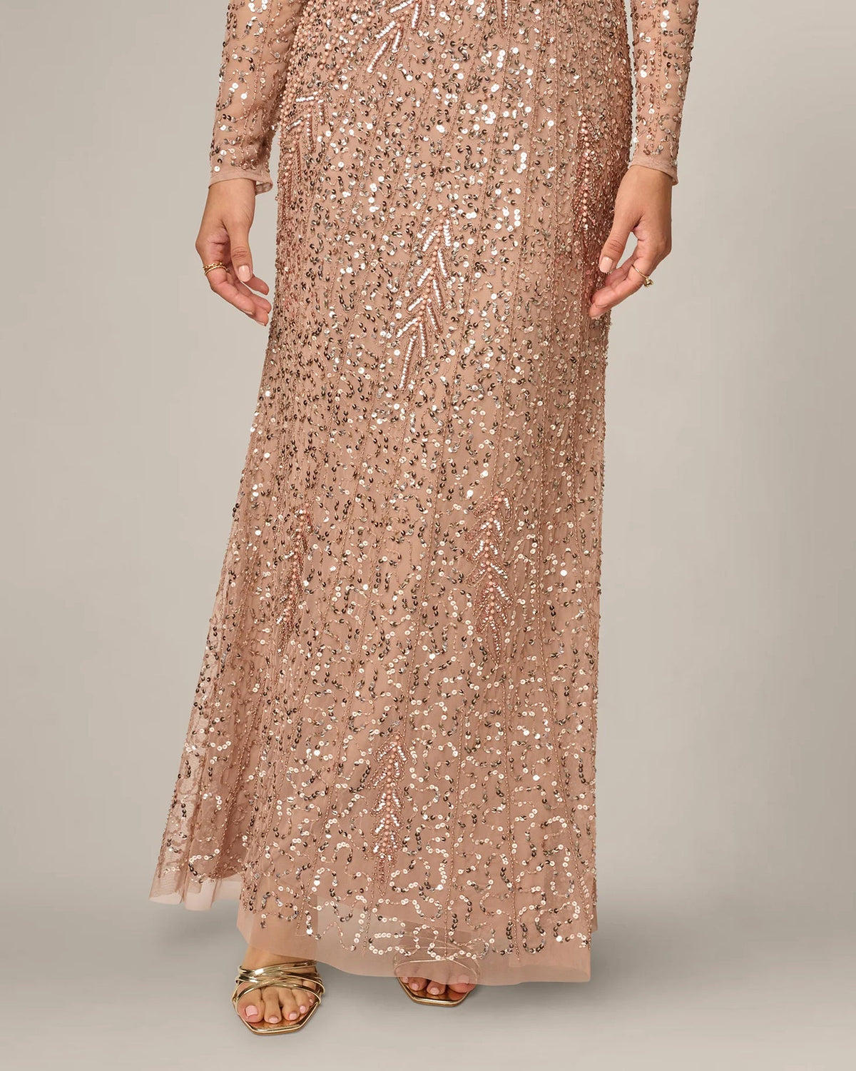 Rose gold sequin A-line maxi skirt with long sleeves and V-neck