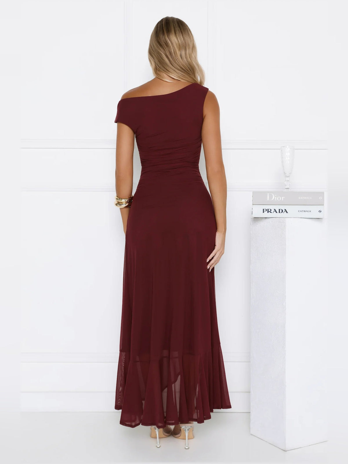 Wine off-shoulder mesh midi dress, back view with capped sleeves and tiered hem