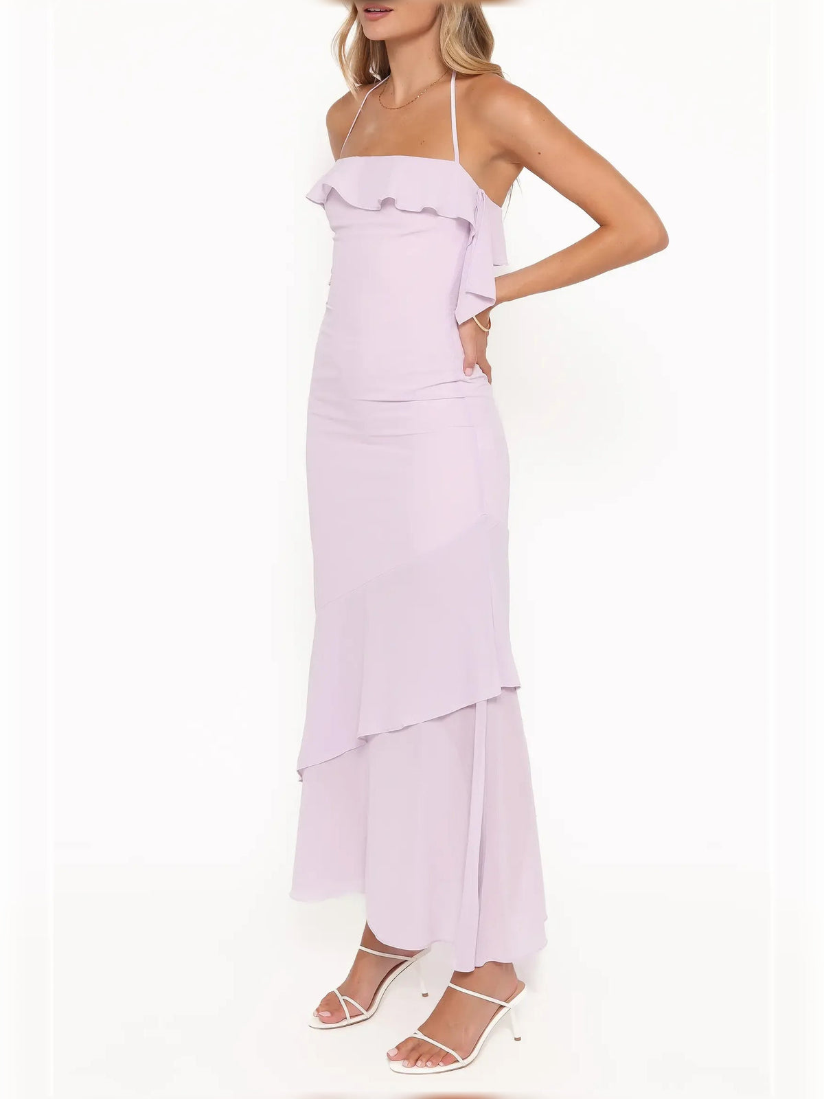Lilac halter neck tiered ruffle midi dress, sleeveless with layered skirt