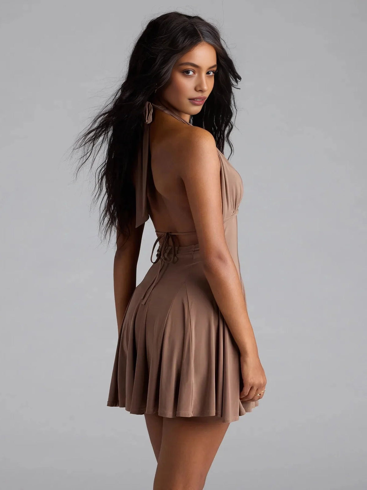 Brown sleeveless cut-out V-neck A-line mini dress, side view