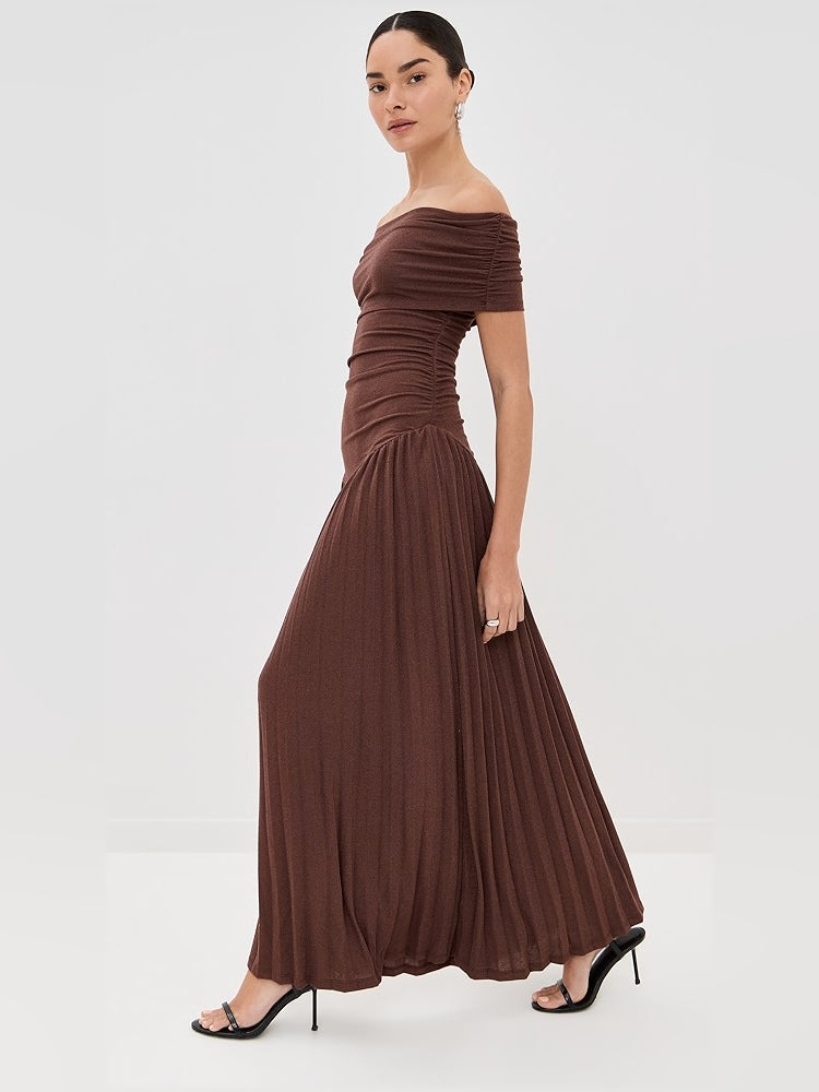 Brown a-line maxi formal dress with ruching, alternate view showing the waist