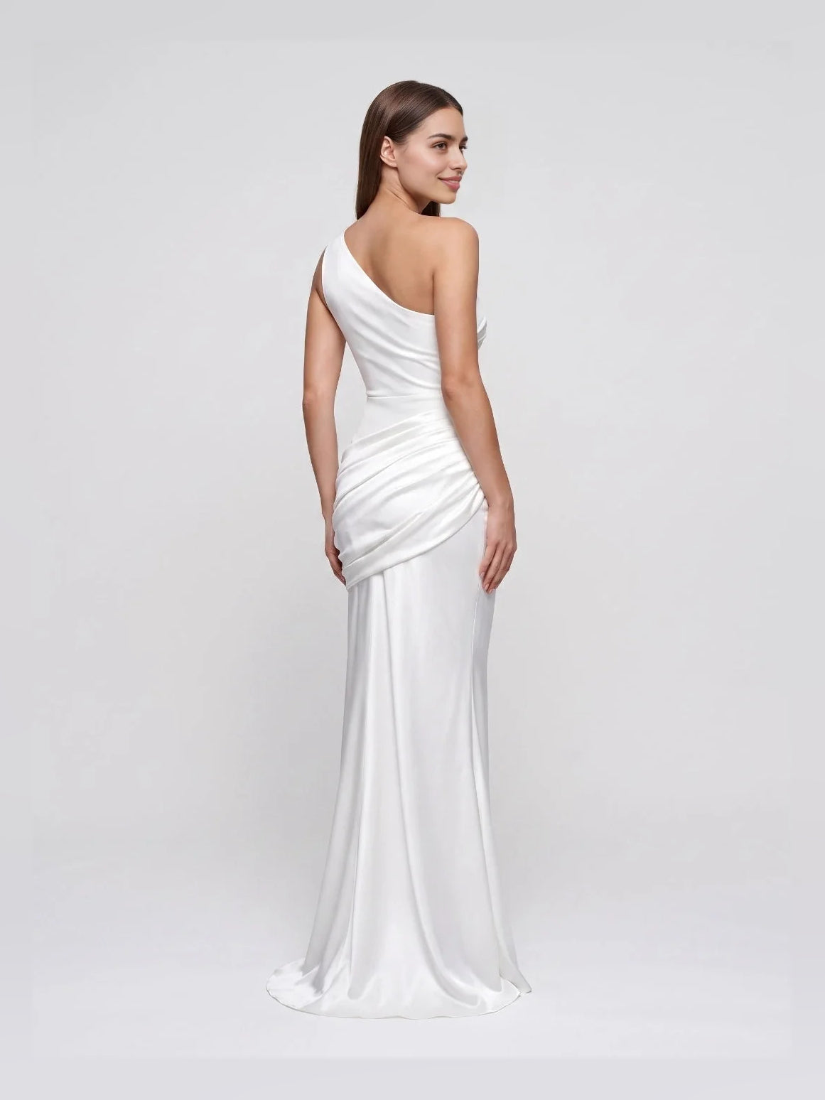 Ivory one-shoulder satin mermaid gown with draped ruched waist detail