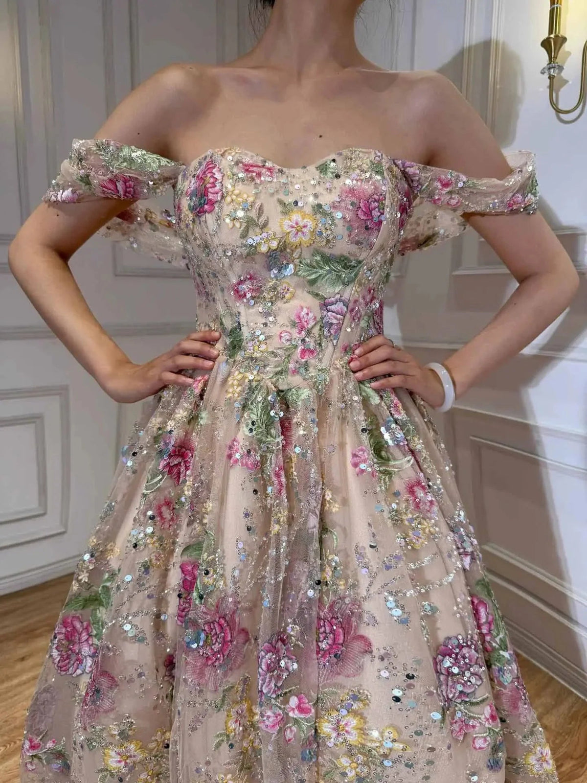 Floral off-shoulder corset prom dress with sweetheart neckline and sparkling tulle A-line skirt