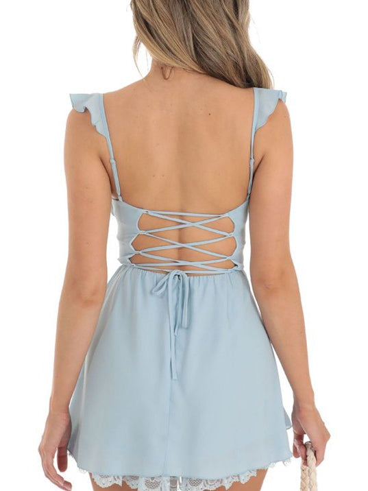 Light blue backless mini dress with crisscross lace-up back and ruffled neckline