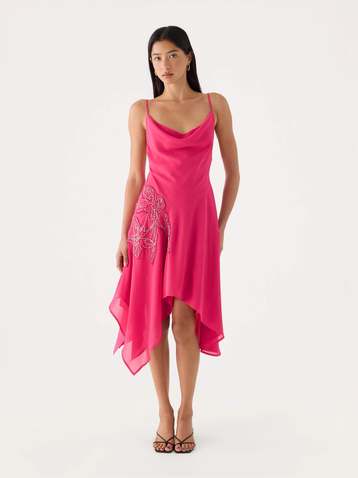 Fuchsia beaded midi formal dress with scoop neckline and asymmetric draped hem