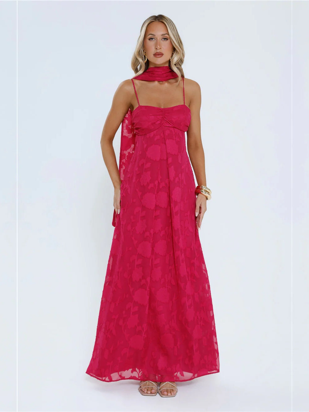 Pink a-line maxi formal dress with strapless neckline, alternate view showing the waist