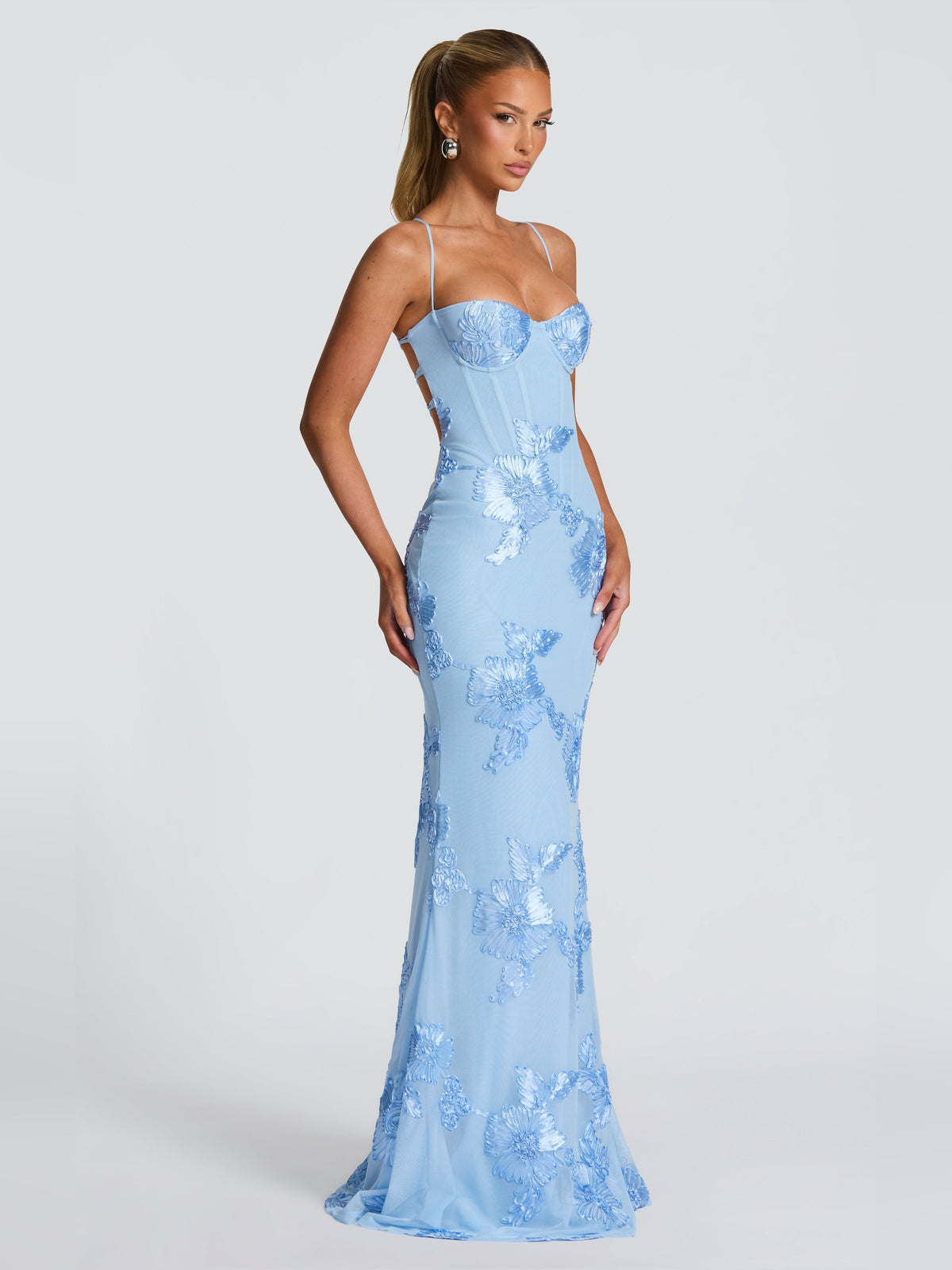 Blue mermaid maxi formal dress with floral appliqu¨¦, alternate full-length view