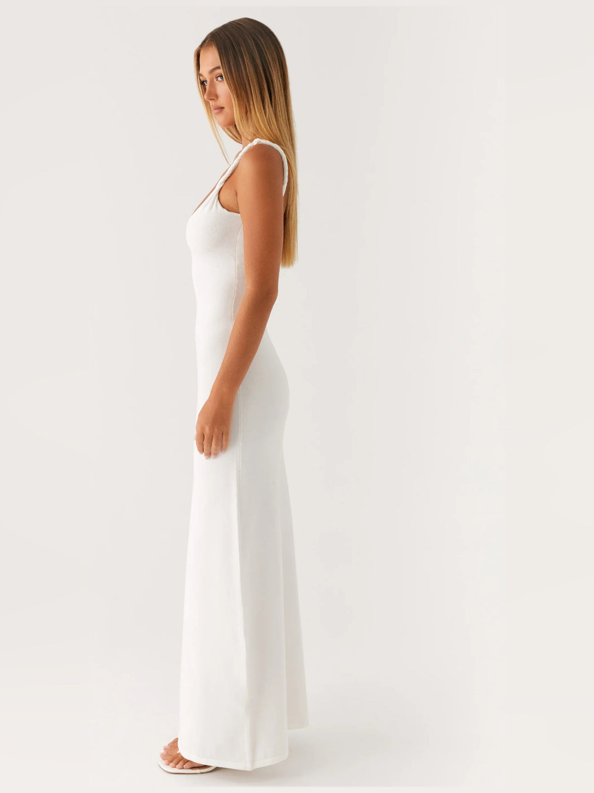 Ivory sheath maxi formal dress with sheath, alternate full-length view showing the waist