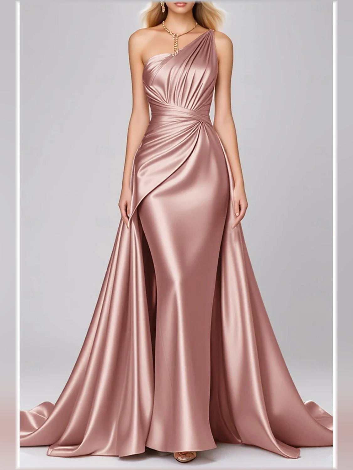 One-shoulder satin mermaid formal dress, dusty rose, draped waist and floor-length skirt