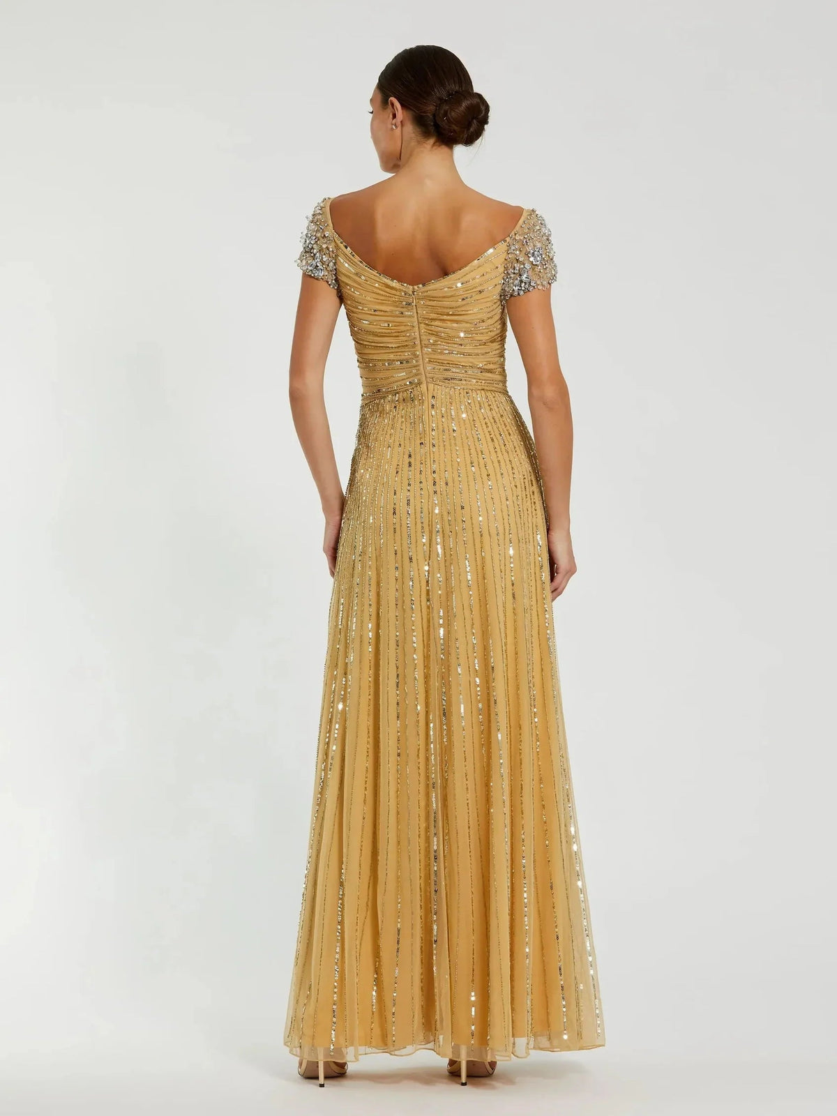 Gold beaded formal dress with V-back and cap sleeves, floor-length