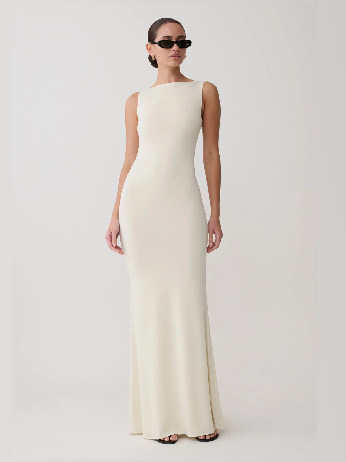 Bone formal dress with a-line detailing