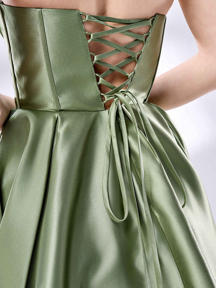 Dusty sage strapless corset formal dress with lace-up back and tied spaghetti straps