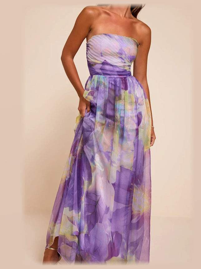 Purple Multi Floral formal dress with a-line detailing