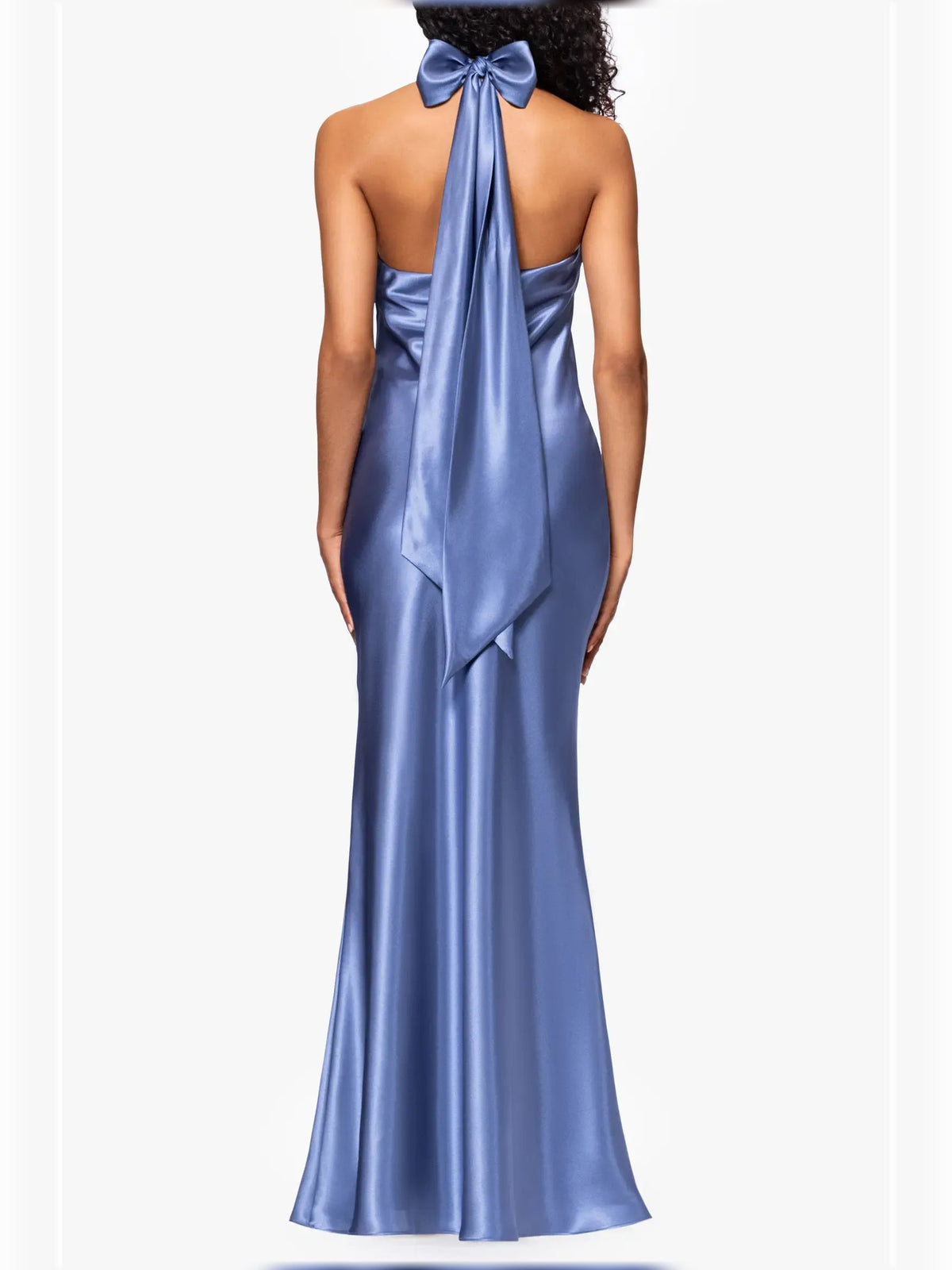 Blue halter open-back mermaid dress with crisscross back tie and bow
