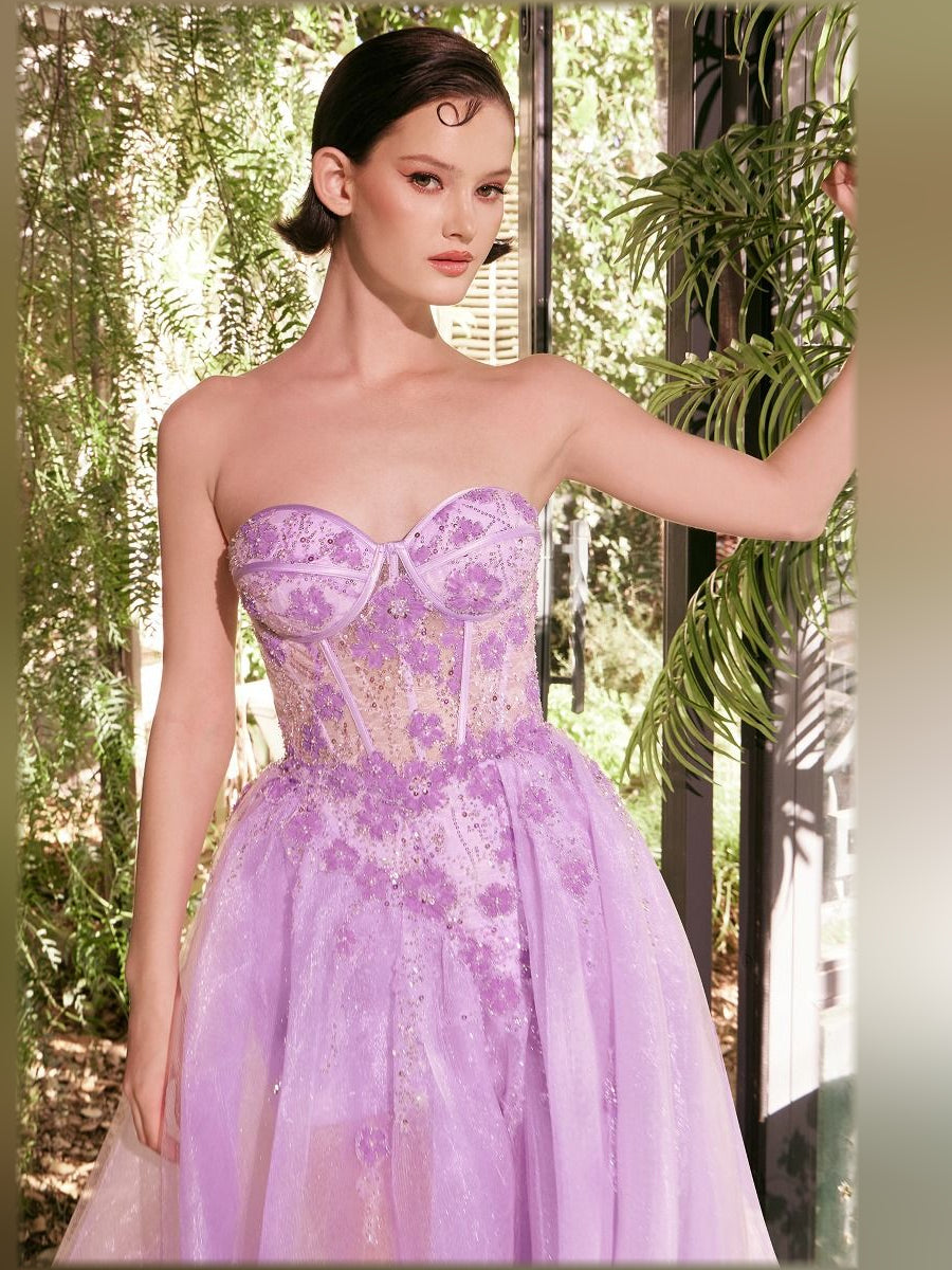 Lavender strapless corset bodice with sweetheart neckline and sparkling texture