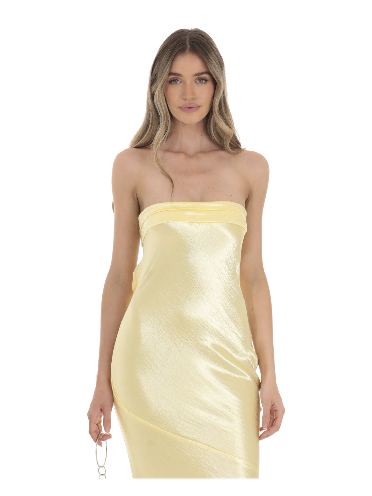 Yellow strapless satin maxi dress with ruched bodice and straight neckline