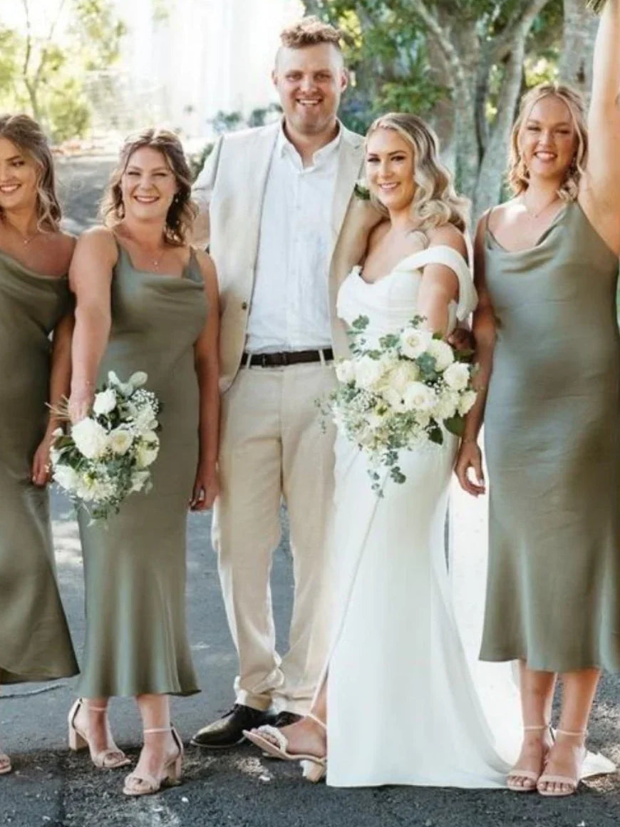Olive satin cowl-neck A-line tea-length bridesmaid dress, front with bouquet.