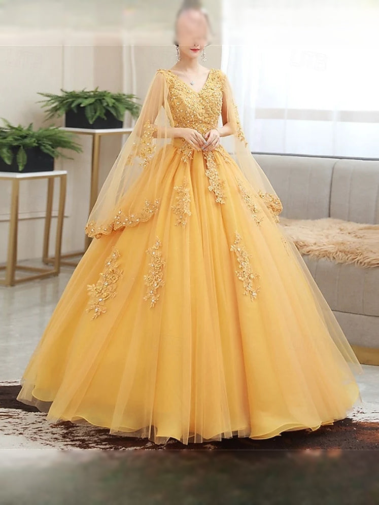 Orange floral corset V-neck ball gown with sheer tulle cape sleeves