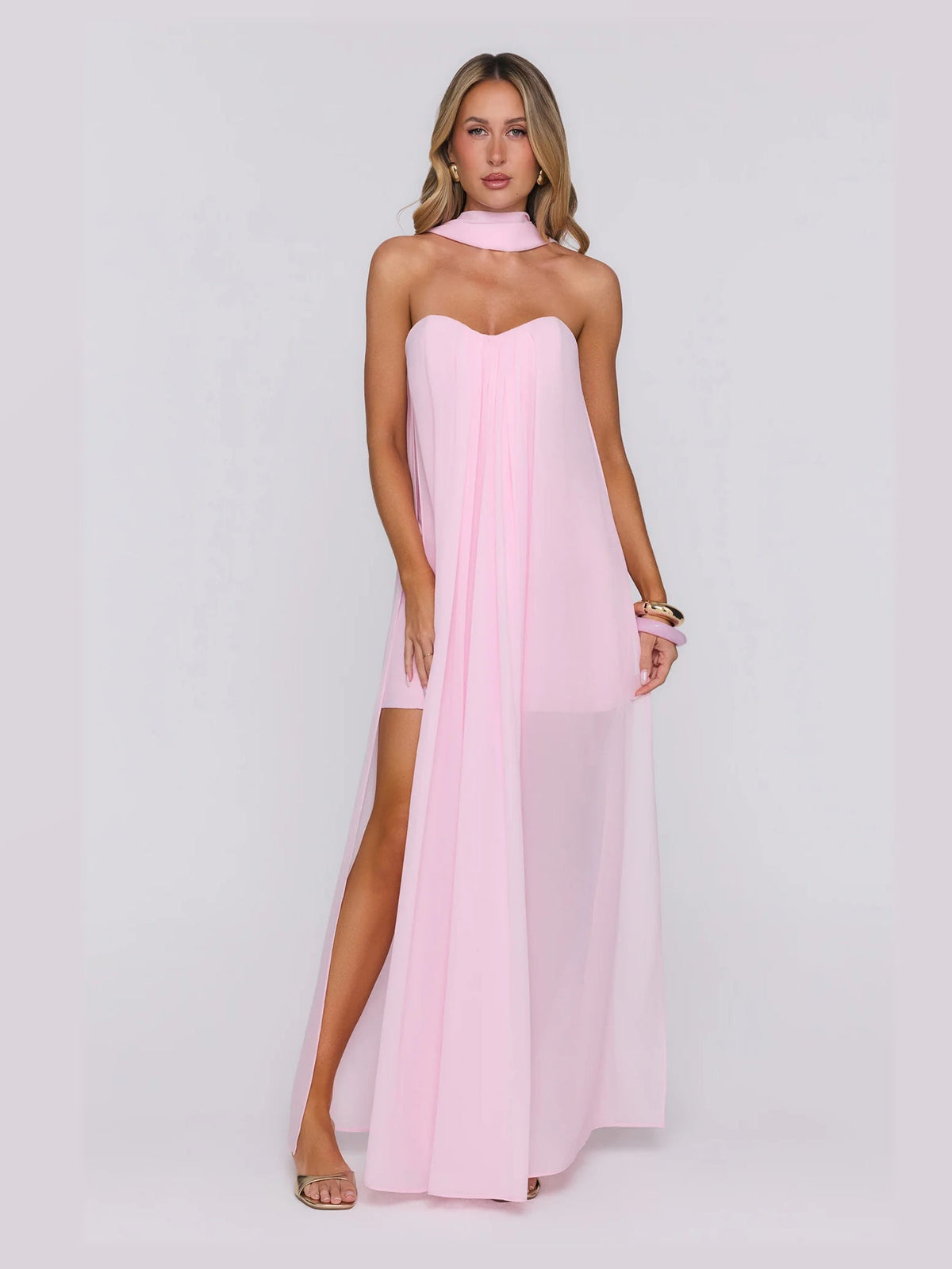 Pink formal dress with a-line detailing