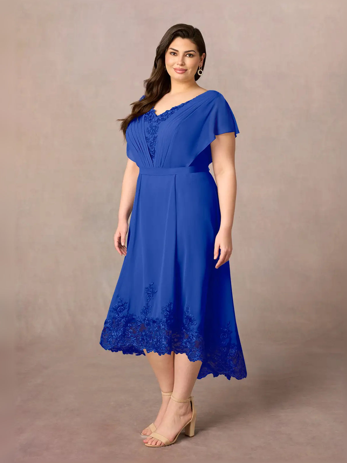 Royal blue pleated V-neck midi chiffon dress with lace applique hem