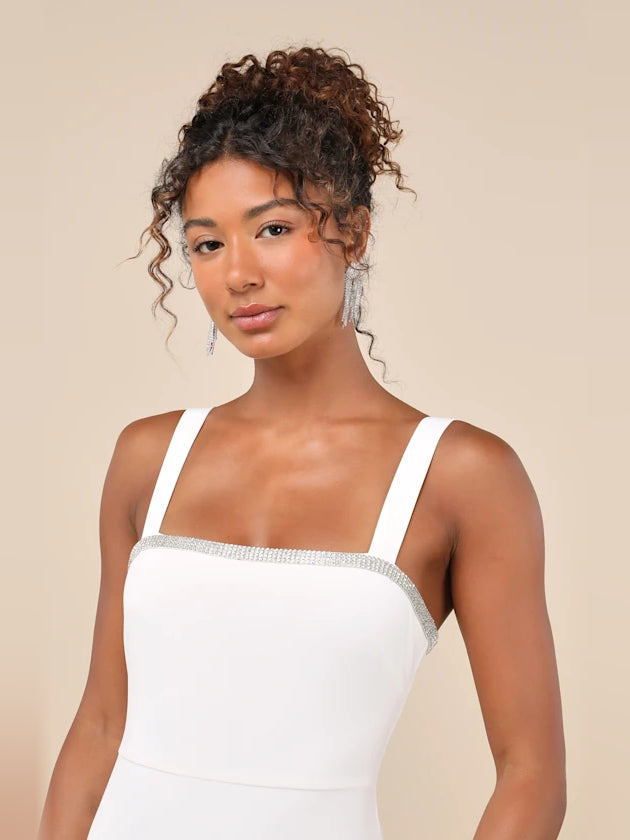 White sleeveless bodycon mini dress with square neckline and thin shoulder straps