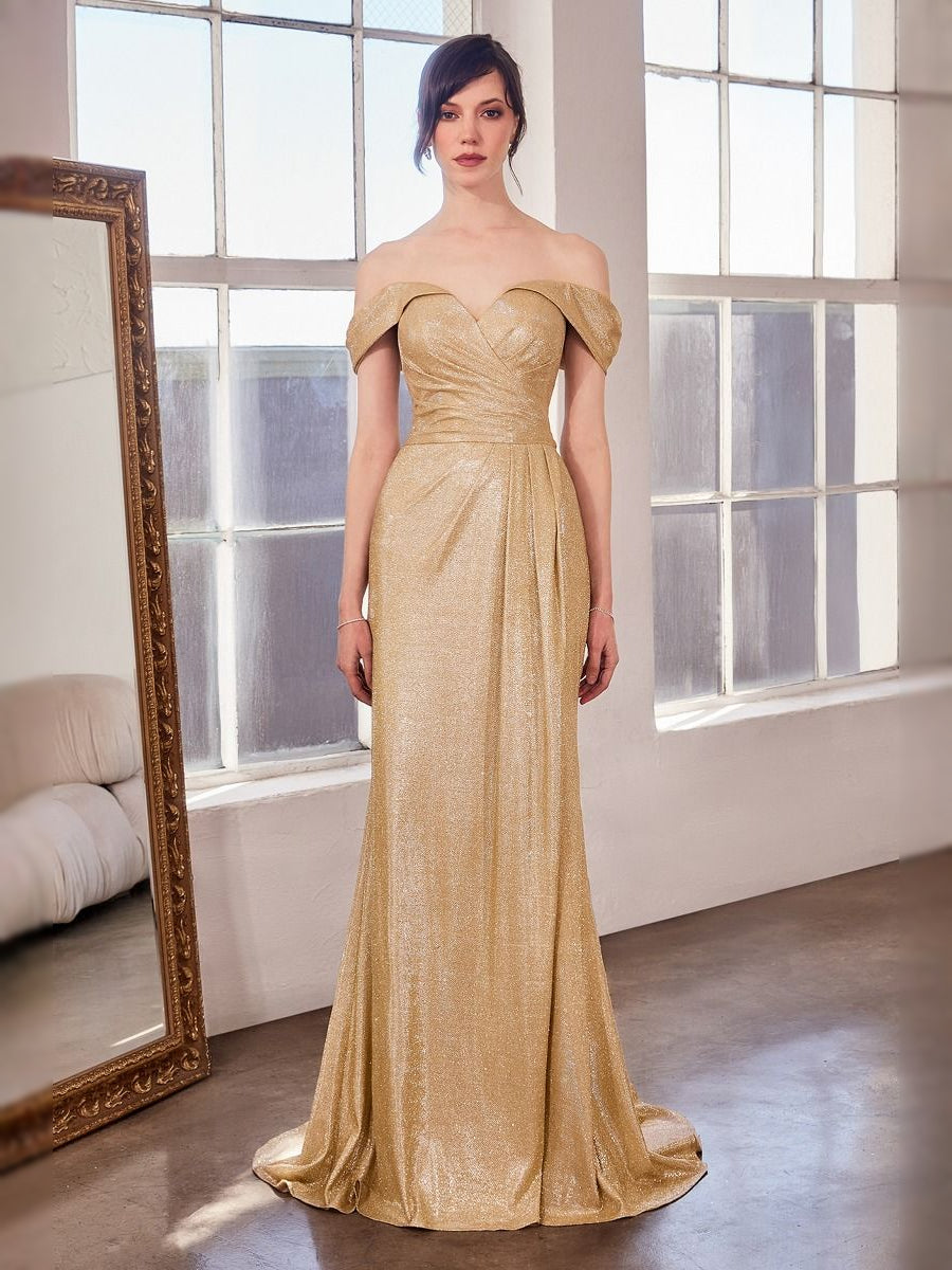 Gold off-shoulder fitted mermaid gown with sweetheart neckline and floor-length silhouette.