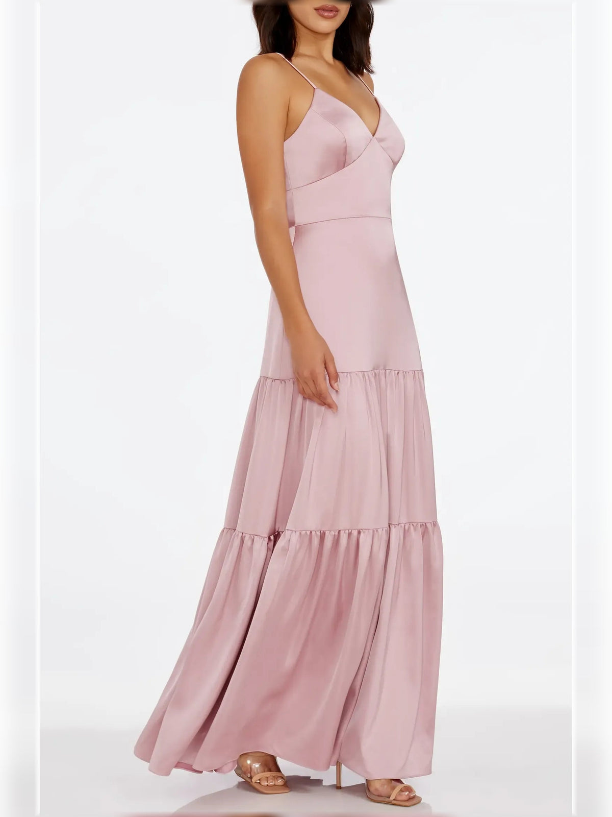 Rose pink V-neck spaghetti strap tiered maxi dress with tiered hem